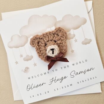 Personalised Cute Crochet Bear New Baby Card, 5 of 8