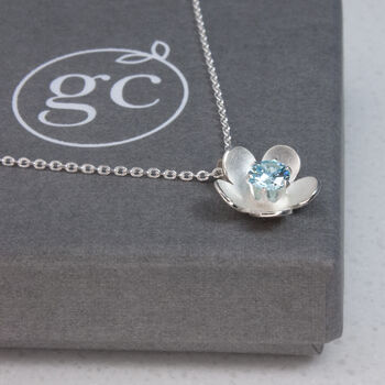 March Birthstone Aquamarine Cz Silver Flower Necklace, 5 of 5