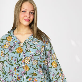 Pale Blue Floral 100% Cotton Ladies Pyjamas, 2 of 8