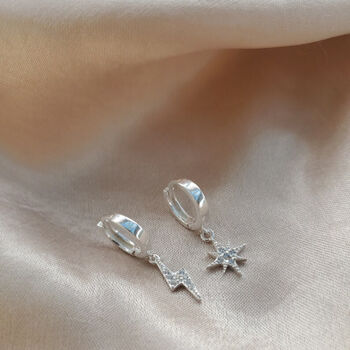 Sterling Silver Sparkle Cz Star Lightning Charm Huggie Hoop Earrings, 3 of 8