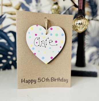Personalised 50th Birthday Polka Dot Wooden Heart Card, 5 of 6