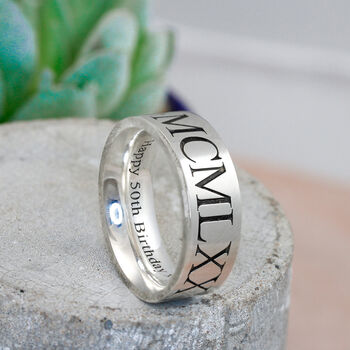 Roman Numerals Personalised Silver Ring 8mm Flat, 3 of 10