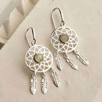 Sterling Silver Gemstone Dream Catcher Earrings, 2 of 9