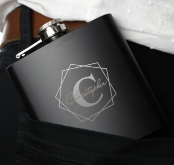 Personalised Geometric Initial Black Hip Flask, 5 of 6