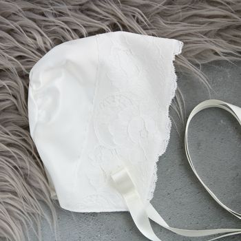 Holly Duchess Satin And Lace Christening Bonnet, 2 of 4