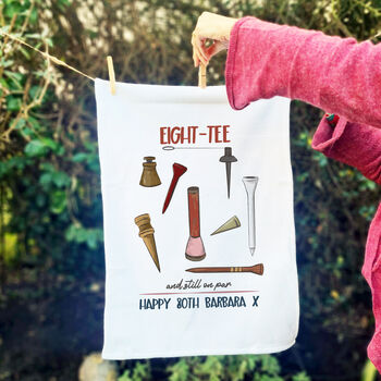 Personalised Eight Tee Tea Towel 80th Birthday Gift For Golfers, 2 of 9