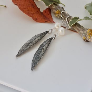 Sterling Silver Long Leaf And Pearl Boho Earrings, 5 of 7