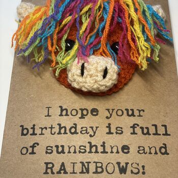 Rainbow Highland Cow Crochet Birthday Card Handmade Sunshine, 4 of 6