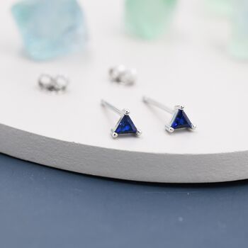 Tiny Sapphire Blue Cz Triangle Stud Earrings, 4 of 10