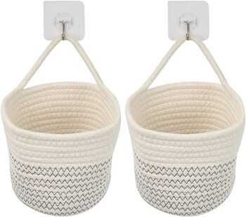 Two Pieces Small Hanging Cotton Rope Woven Baskets, 5 of 7