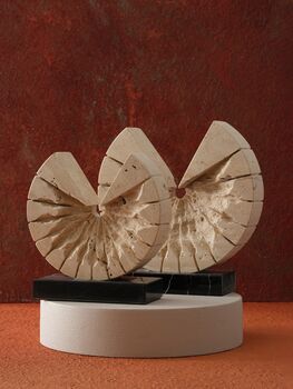 Set Of Two Travertine Half Moon Sculptures On Black Marble Bases, 2 of 3