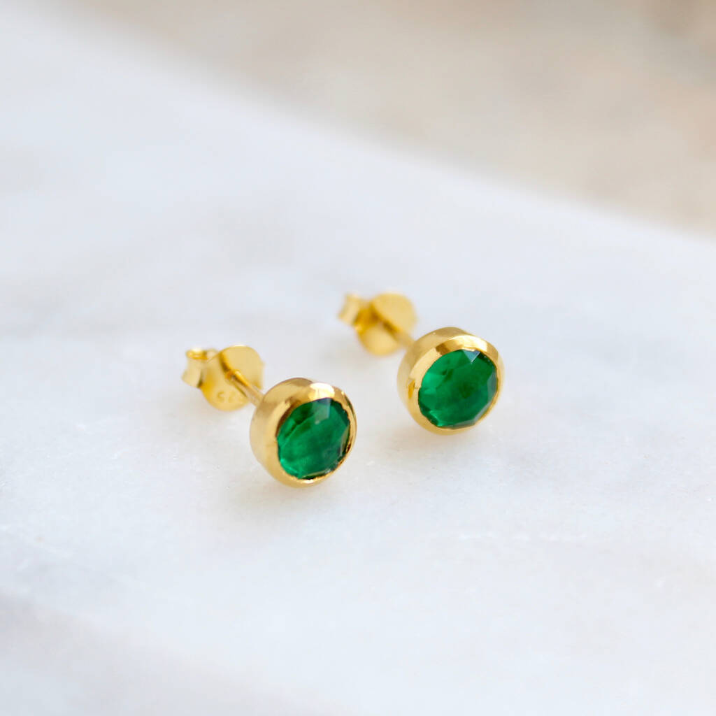 Birthstone Stud Earrings May: Emerald Gold Vermeil, 1 of 4