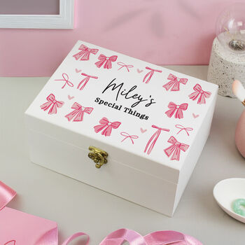 Personalised White Wooden Storage Box With Pink Bow Detail, 4 of 4