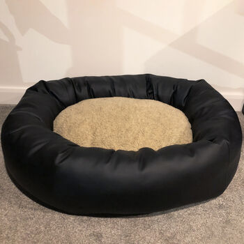 Vegan Leather Donut Dog Bed With Sherpa Fleece Cushion, 3 of 12