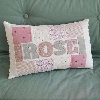 Memory Large Name Pillow, Custom Made From Baby Clothes. Personalised Cushion, Decorative Patchwork Pillow, 8 of 10