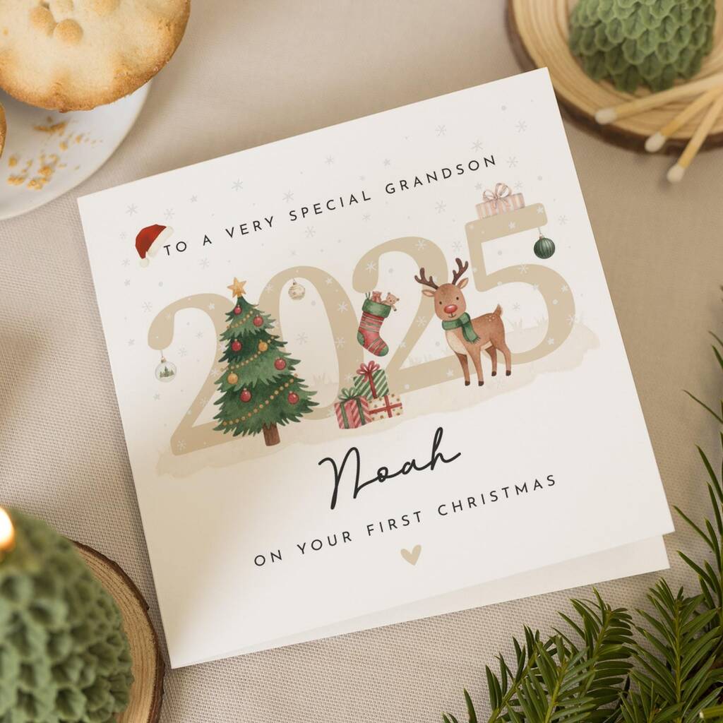 Personalised Grandson 1st Christmas Reindeer Card 2025, 1 of 7