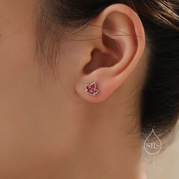 Enamel Maple Leaf Stud Earrings In Sterling Silver, 2 of 11