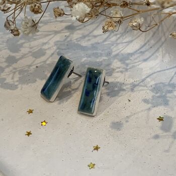 Crackle Blue Green Ceramic Bar Stud Earrings Minimalist Rectangular Studs, 5 of 11