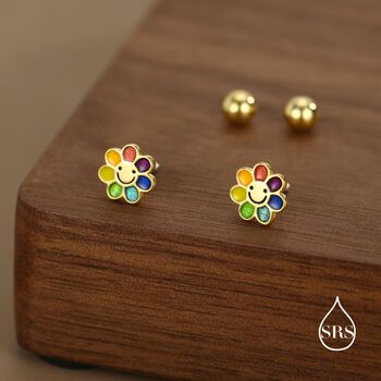 Sterling Silver Rainbow Flower 18 G Screw Back Earrings With Ball Backs, 6 of 12