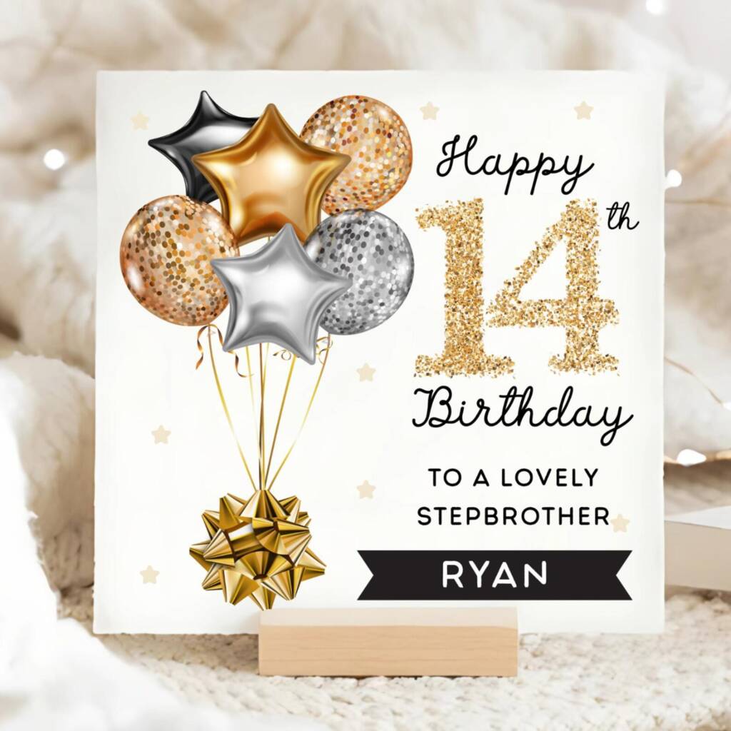 Stepbrother 14th Birthday Gold Black Personalised Card
