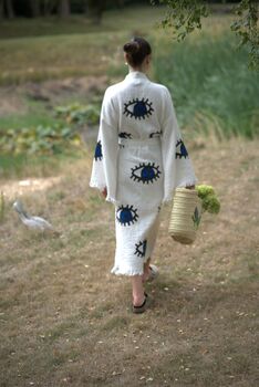 Long Organic Cotton Robe: White With Dark Blue And Black Eye, 7 of 8