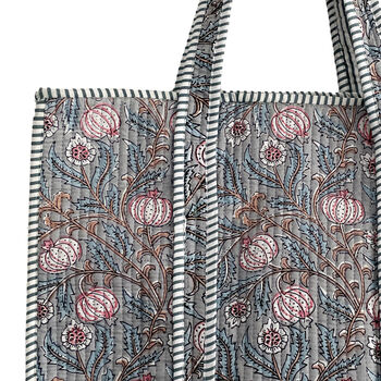 Grey And Pink Seedhead And Flower Cotton Quilted Tote Bag, 2 of 4