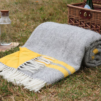 Yellow Stripe And Grey Herringbone Picnic Blanket, 3 of 4