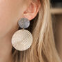 Gold And Silver Colour Textured Disc Drop Earrings, thumbnail 2 of 3
