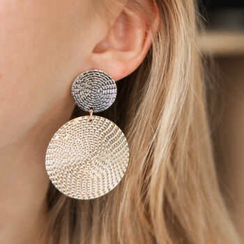 Gold And Silver Colour Textured Disc Drop Earrings, 2 of 3