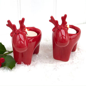 Ceramic Reindeer Tea Light Holder Pair, 2 of 4