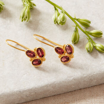 Garnet Triple Stone Gold Plated Silver Drop Earrings, 4 of 12