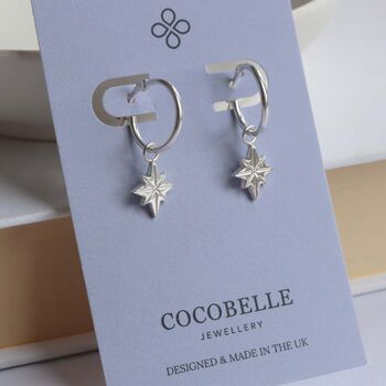 Sterling Silver North Star Charm Hoop Earrings, 3 of 6
