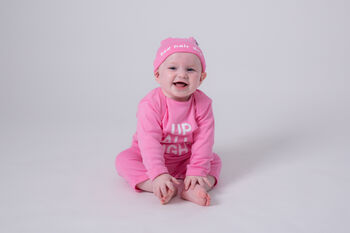 Baby Sleepsuit, Up All Night, Cotton Baby Grow, Gift Pink Or Grey, 9 of 9