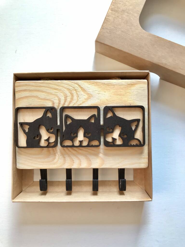 Wooden Key Holder With Cats By Natural Gift Store