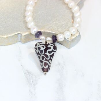White Pearl Necklace With Amethyst Swirl Glass Heart, 2 of 6