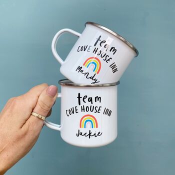 Team Enamel Mugs With Rainbow, For Family Or Work Team, 2 of 9