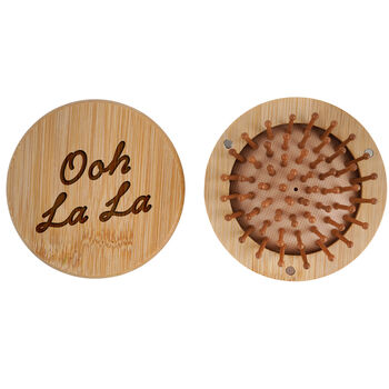 Bon Voyage 'Ooh La La' Travel Mirror Hairbrush | Gift Bag | Holiday Accessory | Wooden Brush, 3 of 4