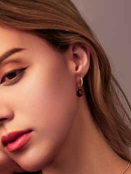 Red Agate Pomegranate Seed Twisted Huggie Hoop Earrings, 11 of 11