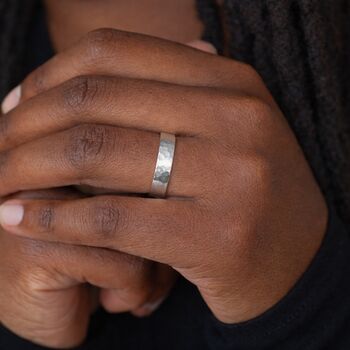 Personalised Flat Sterling Silver Hammered Wedding Ring Band – 5mm, 2 of 10