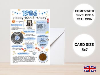 40th Birthday Card With 1986 Coin And Envelope Choose Your Colour, 2 of 3