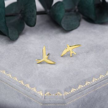 Sterling Silver Mismatched Asymmetric Swallow Bird Silhouette Stud Earrings, 3 of 11