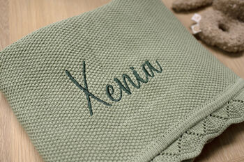 Personalised Knitted Baby Blanket Sage Green, 6 of 9