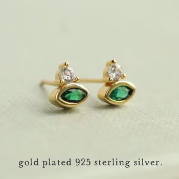 Emerald Green Eye Sterling Silver Gold Stud Earrings, 2 of 5