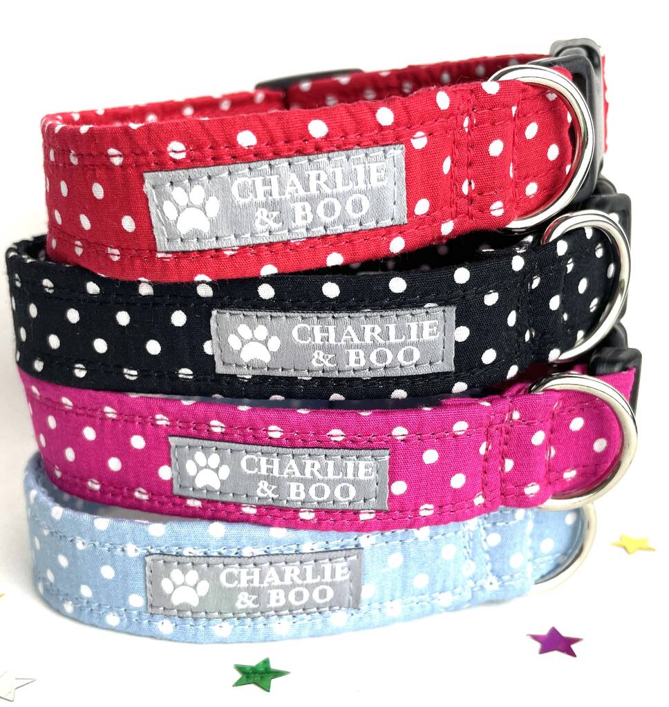 Dog Collar In Red, Pink, Blue And Black Polka Dots, 1 of 5