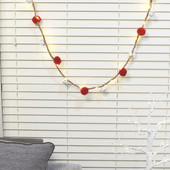 Bell And Red Pom Pom Christmas Garland With LED Light, 4 of 6