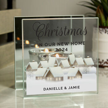 Personalised Christmas Village Mirrored Glass Tea Light Candle Holder, 2 of 5