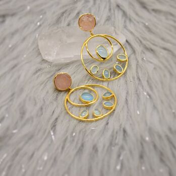Raw Rose Quartz, Aqua Chalcedony Gold Earrings, 2 of 7