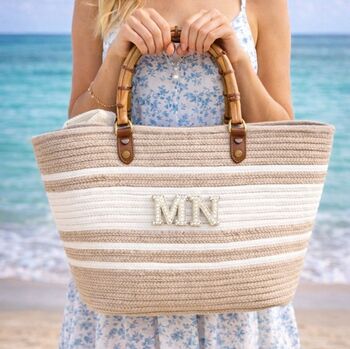 Personalised Lena Rope Stripe Bamboo Handle Tote Beach Bag, 4 of 6