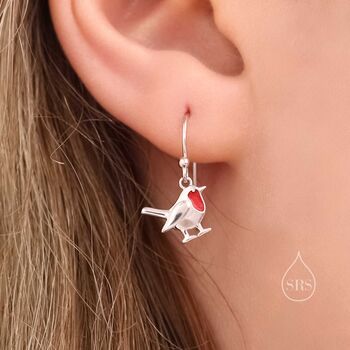 Sterling Silver Robin Bird Drop Hook Earrings, 2 of 10