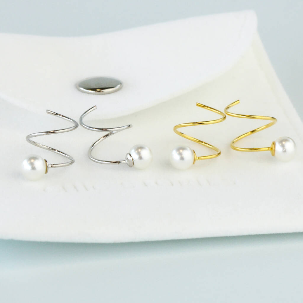 Sterling Silver Pearl Spiral Hoop Earrings, 1 of 6